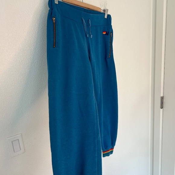 Aviator Nation Blue Joggers Zipper Pockets Size Medium Rainbow Cuffs - Picture 3 of 14